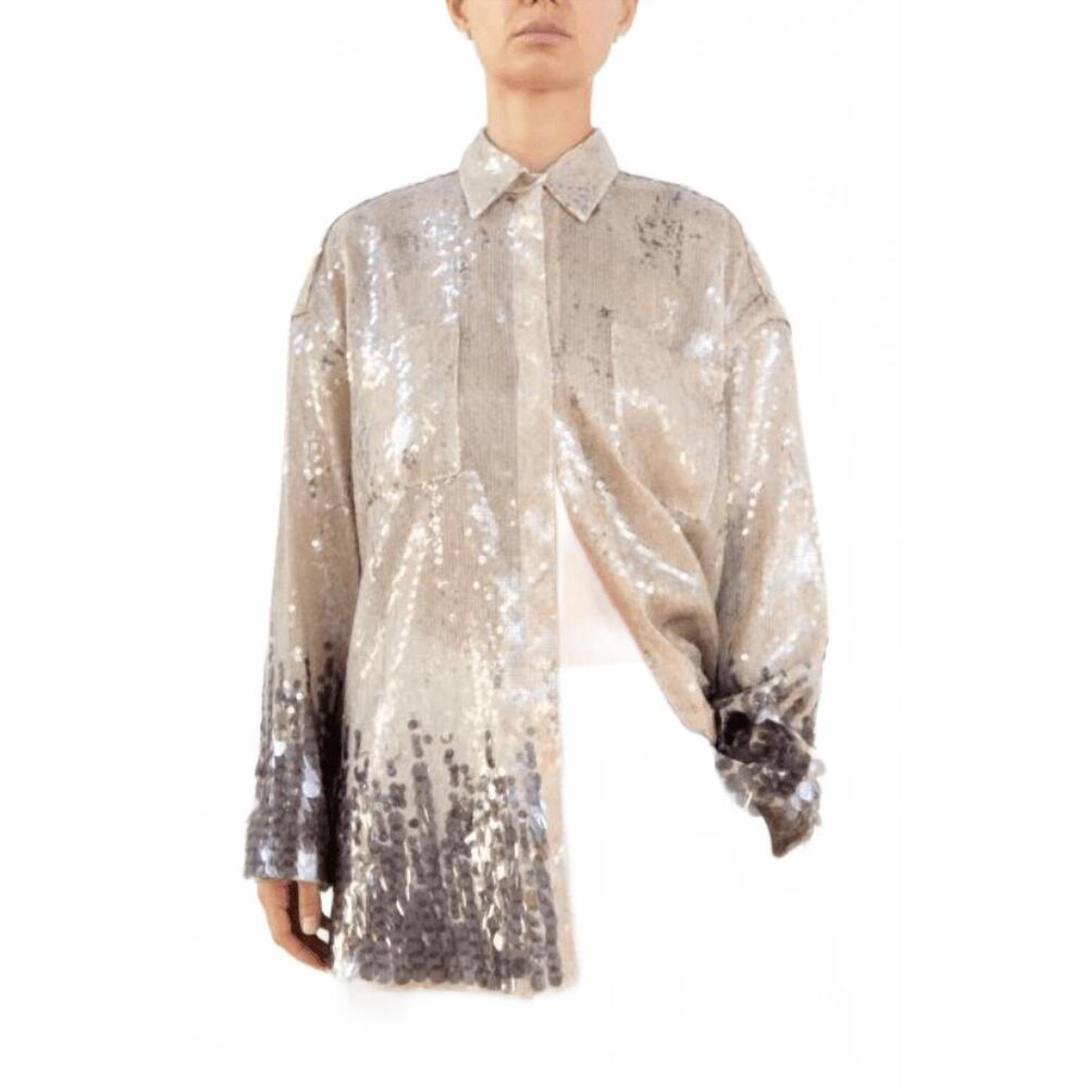 NEW AVIU sequined button-down blouse in silver